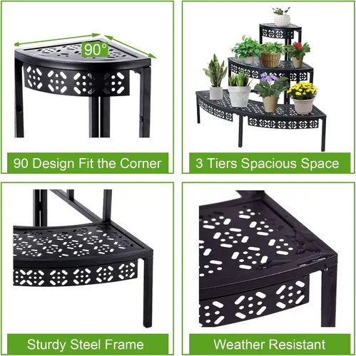 Vista 4 de aboxoo Soporte para Plantas de 3 Niveles Estante para Macetas de Flores, Estante Esquinero Estilo Escalón de Metal para Jardineras, Soporte
