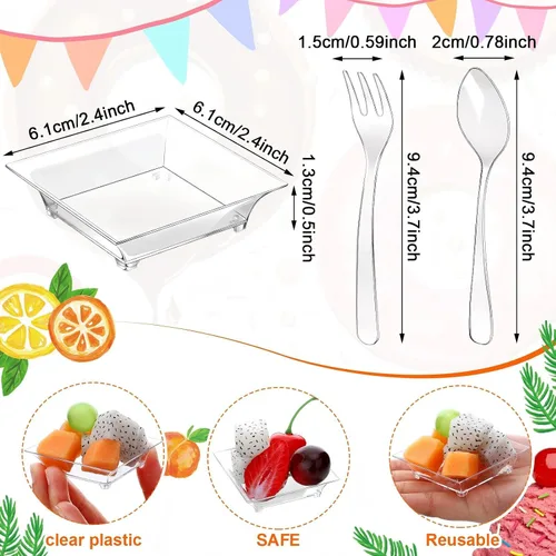 Vista 2 de Meanplan Paquete de 300 mini platos desechables de plástico transparente para postre con 150 tenedores de plástico y 150 cucharas para platos