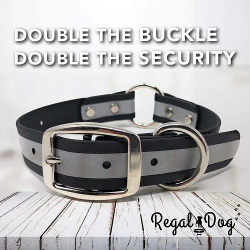 Vista 6 de Regal Dog Products Collar de perro reflectante negro pequeño con placa de nombre grabada personalizada y anillo central resistente Collares