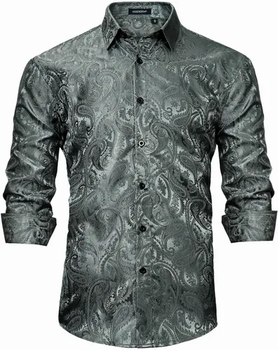 Vista 2 de HISDERN Camisas de vestir de satén brillante para hombre, de lujo, floral, jacquard, de manga larga, a la moda, para bodas, fiestas, bailes