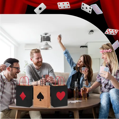Vista 6 de Outus 24 bolsas de regalo para fiestas de casino, color rojo y negro, bolsas de papel con asas de 8.3 x 6 x 3 pulgadas para bolsas de papel