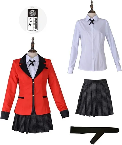 Vista 6 de Cosplay.fm Disfraz de anime para mujer, uniforme escolar, falda de pata de gallo con collar de tarjeta de identificación