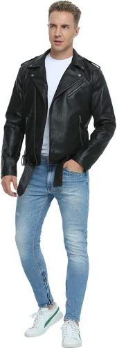 Vista 2 de Fahsyee Leather Jackets for Men, Faux Bomber Jacket Men Motorcycle Lapel Asymmetric Zip-Up Blet Slim Fit Biker Coat