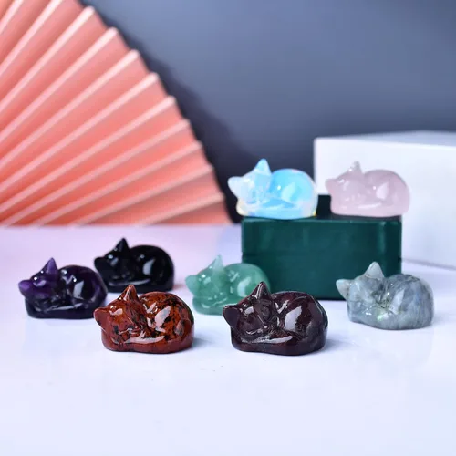 Vista 6 de Decoración de cristales de gato de granate natural, estatua de gato dormido, piedras preciosas pulidas de cristal curativo, piedras preciosas