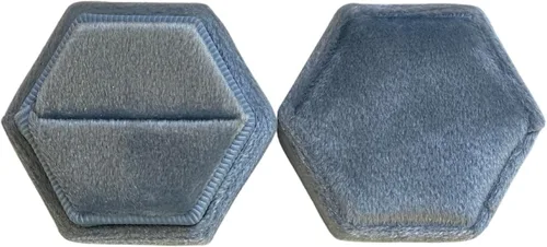 Vista 4 de Caja de anillo hexagonal de terciopelo, 1 ranura para compromiso y ceremonia de boda, exhibición plana y almacenamiento (azul claro)