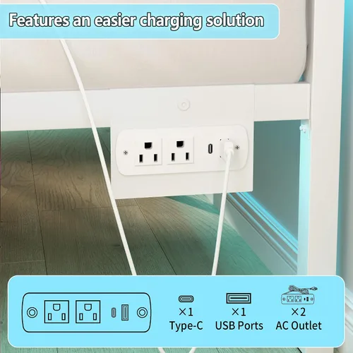 Vista 7 de CLIBFENG Base de cama individual con cabecero, soporte de listones de acero resistente, marco de cama LED con estación de carga USB, base de colchón
