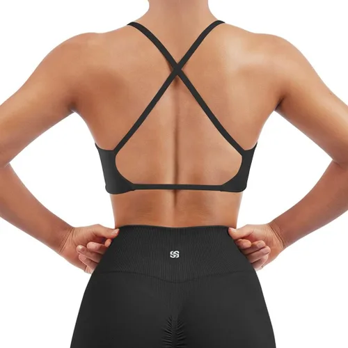 Vista 2 de SUUKSESS Sujetador deportivo de 2 piezas para mujer, con espalda abierta, con tirantes delgados, cuello en V, para entrenamiento