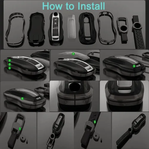 Vista 7 de Alloy Metal Key Fob Cover,Compatible with Porsche Macan Cayenne Panamera 911 Boxster Cayman 718 Negro
