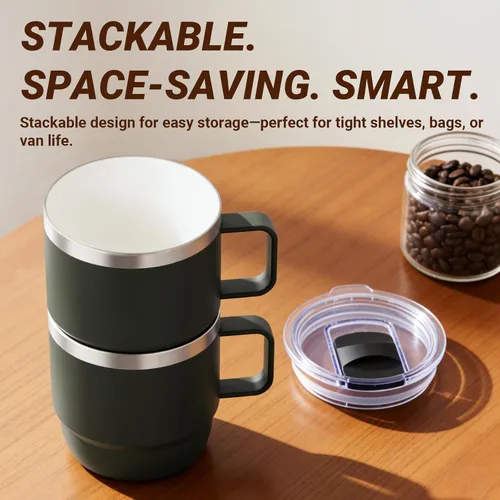 Vista 6 de Taza de café pequeña de 8 onzas con tapa deslizante magnética y asa, acero inoxidable 18/8 con forro de cerámica, doble pared aislada al vacío