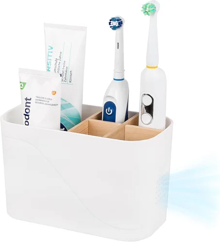 Vista 21 de Soportes para cepillo de dientes con drenaje para baños, soporte para cepillo de dientes de 4 ranuras con divisores de bambú, organizador de cepillo