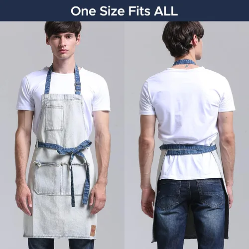 Vista 4 de Delantal de Chef de Mezclilla para Mujeres con Bolsillos, Delantal de Cocina de Camarera de Jean para Hombres para Cocinar Jardinería Pintura