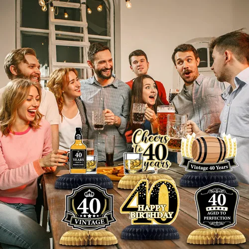 Vista 6 de Centros de mesa de panal de abeja de whisky de 40 años, 6 piezas de decoraciones de cumpleaños de edad a 40 perfección, decoraciones de cumpleaños