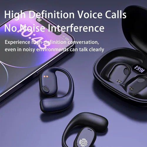 Vista 4 de Auriculares de oreja abierta, auriculares de conducción de aire, auriculares inalámbricos Bluetooth 5.3, pantalla LED, estuche de carga, diseño