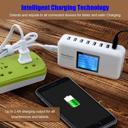 Vista 2 de Estación de carga de escritorio de 60W/12A de 8 puertos Múltiples USB, Hub de cargador de pared rápido de viaje de múltiples puertos con LCD