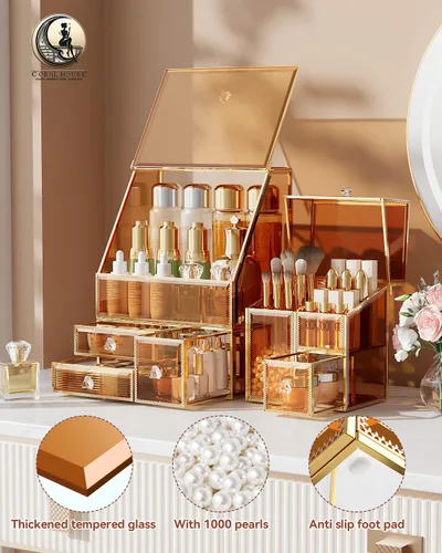 Vista 2 de CoralHouse Organizador de maquillaje ámbar, organizador de tocador de vidrio para cuidado de la piel, lápices labiales, perfumes, brochas