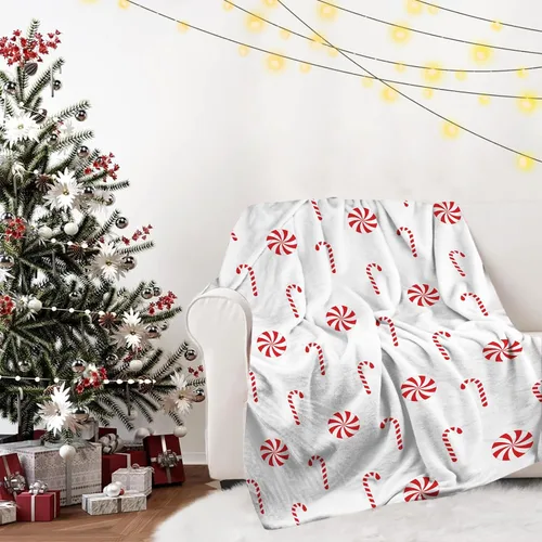 Vista 4 de Manta Navideña de Franela con Diseño de Bastón de Caramelo, Manta de Sofá Súper Suave y Cálida, Manta de Cama, Decoración Navideña de las Fiestas