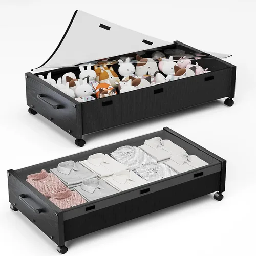 Vista 10 de Almacenamiento debajo de la cama con ruedas, 2 paquetes de contenedores de almacenamiento de madera extra grandes debajo de la cama, organizador