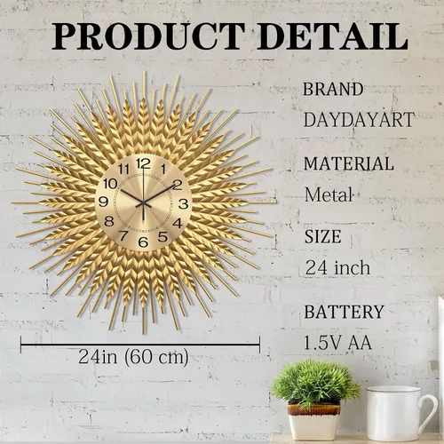 Vista 4 de Reloj de pared grande moderno decorativo de metal, relojes de pared de estilo de mediados de siglo, reloj grande dorado silencioso sin tictac, arte