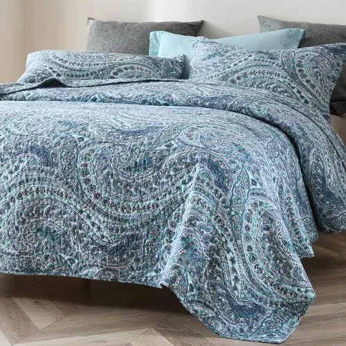 Vista 3 de ENASAL Juegos de Colchas de Algodón, Juegos de Cubrecamas Reversibles Edredón, Colcha Floral Paisley (Azul, Tamaño Queen)