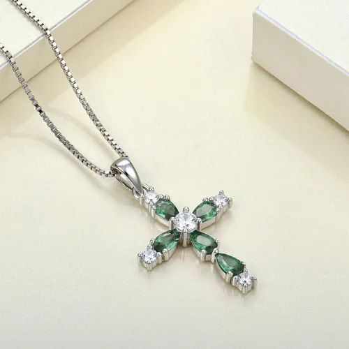 Vista 120 de YL Collar de cruz de plata de ley 925 con colgante de piedra natal religiosa para mujer