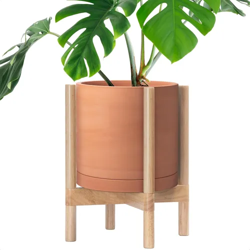 Vista 70 de D'vine Dev Maceta de cerámica con soporte de ébano – Maceta redonda moderna de 8 pulgadas con soporte para maceta de madera, color negro, 55-B-M-2