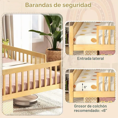 Vista 7 de KOMFOTT Base de cama individual con rieles y cabecera en forma de casa, plataforma de madera maciza con barandillas de seguridad, cubo de Natural
