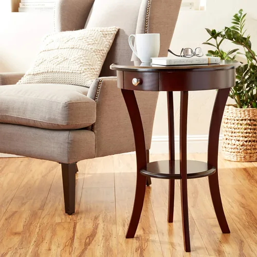 Vista 7 de Frenchi Furniture Mesa redonda de madera con cajón y estante, color espresso
