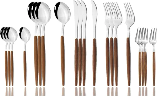 Vista 8 de JASHII Juego de cubiertos de madera de acero inoxidable de 20 piezas, mango de madera, cuchillo tenedor, cuchara, utensilios de cocina para 4