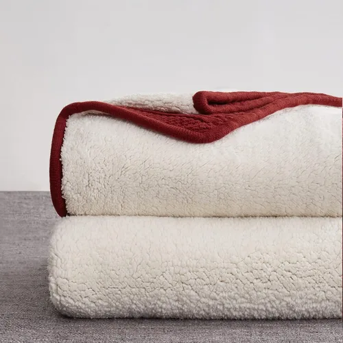 Vista 2 de Longhui bedding - Manta de punto trenzado de acrílico sherpa, gruesa, suave, grande, acogedora, manta de vellón tejida de color rojo vino para sofá