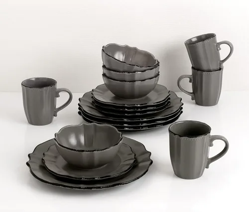 Vista 3 de Lorren Home Trends Vajilla gris pizarra con borde festoneado, 16 piezas, tamaño pequeño