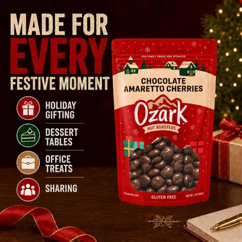 Vista 2 de OZARK NUT ROASTERS: Cerezas de chocolate y amaretto, embalaje festivo de Navidad de temporada, cerezas recubiertas de chocolate con leche gourmet