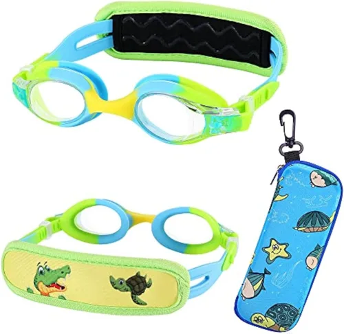 Vista 17 de Gafas de natación para niños de 2 a 6 años, gafas para niños sin jalar el cabello, gafas para niños con banda para la cabeza acolchada