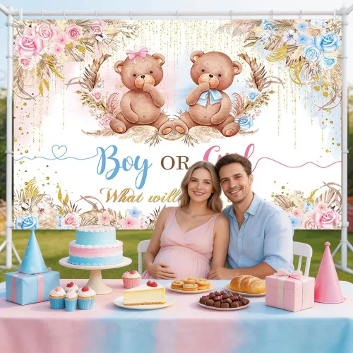 Vista 4 de AIBIIN Pancarta de revelación de género de oso bohemio, telón de fondo para niño o niña, para baby shower, suministros de decoración de fiesta