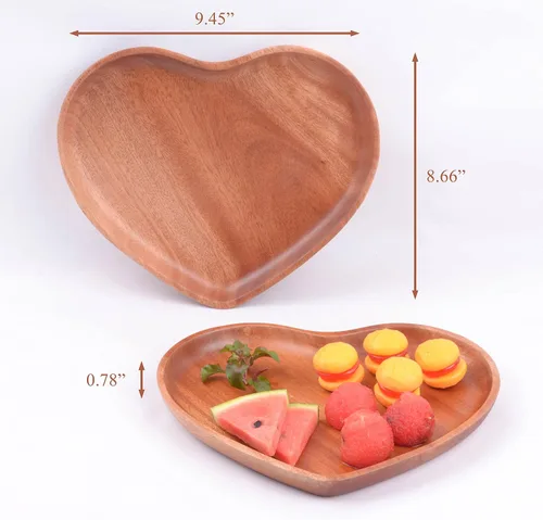Vista 3 de VieWood Juego de 2 platos de madera con forma de corazón, platos clásicos irrompibles, fáciles de limpiar y ligeros para platos, aperitivos, postres
