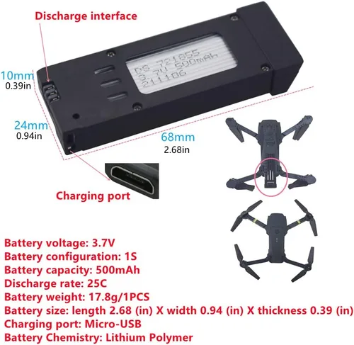 Vista 2 de Batería de litio de 3.7V 500mAh para E58 S168 JY019 Quadcopter Recambios UAV batería de litio (3PCS)