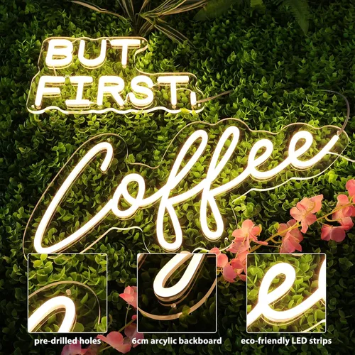 Vista 6 de Letrero de neón "But First Coffee" para decoración de pared, de 17 * 16 pulgadas, LED blanco cálido regulable con adaptador de corriente de 12V
