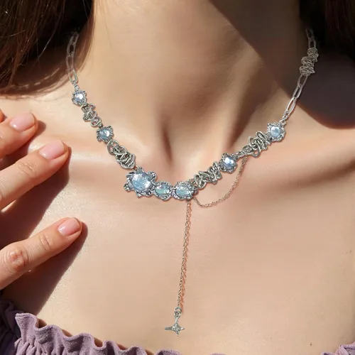 Vista 14 de Y2k - Collar irregular con dije de estrella, piedra de luna, diseño de cadena de moda, joyería de plata picante para mujer