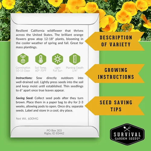 Vista 2 de Survival Garden Seeds - Semillas de amapola de California para plantar - 1 paquete con instrucciones para cultivar plantas Eschscholzia Californica
