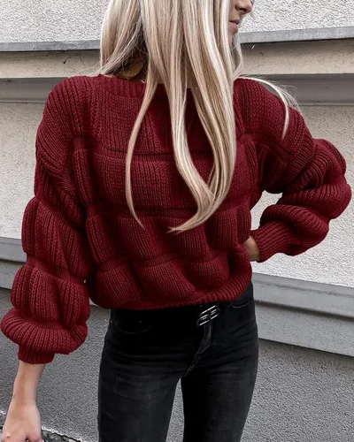 Vista 4 de PRETTYGARDEN Suéteres de otoño 2024 para mujer, estilo casual, cuello redondo, manga larga, holgados, lisos, de punto grueso, linda blusa