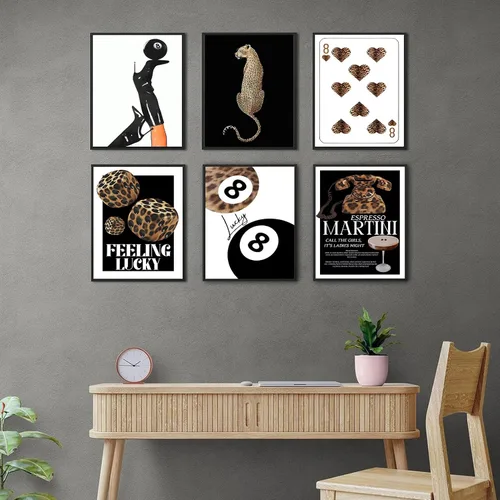 Vista 6 de 6 piezas de arte de pared de leopardo de moda Funky Lucky 8 pósteres de bolas negras para piscina, decoración de pared de guepardo, decoración