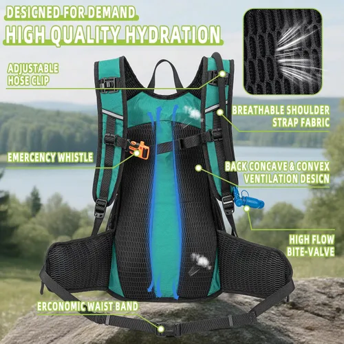 Vista 2 de Mochila de hidratación, mochila de agua para senderismo con vejiga de agua de 3 L, paquete de hidratación aislada, ligera, hidropack ideal para Verde