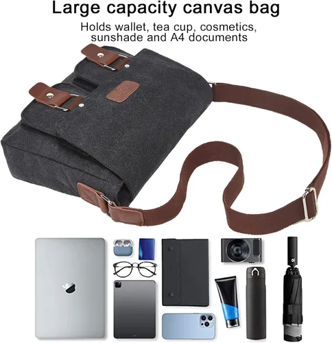Vista 6 de Bolsa de mensajero para hombre, bolso de hombro de lona, bolso cruzado vintage de 13.3 pulgadas para laptop