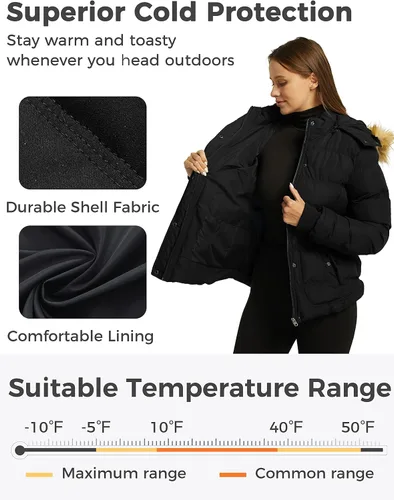 Vista 4 de wantdo - Abrigo de invierno con capucha para mujer, chaqueta acolchada gruesa, parka cálida Negro