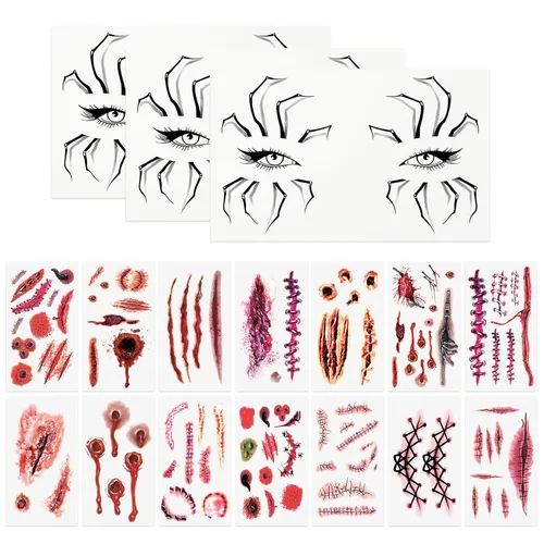 Vista 8 de 10 hojas de tatuajes temporales de telaraña para ojos y boca para cosplay