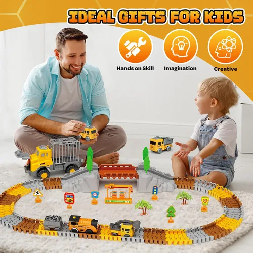 Vista 7 de Pistas de carreras de construcción para niños, 128 piezas de camión de construcción y juego de pista flexible, juguetes de ingeniería, regalos