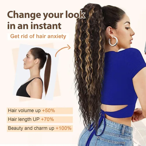 Vista 6 de Flufymooz Extensión de cola de caballo, 22 pulgadas, estilo bohemio, con cordón, extensiones de cabello para mujer, cola de caballo larga, rizada