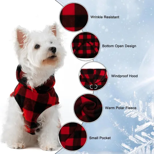 Vista 2 de EXPAWLORER - Sudadera de forro polar con capucha para perros, chaleco de suéter a cuadros para mascotas, ropa de otoño e invierno con anillo