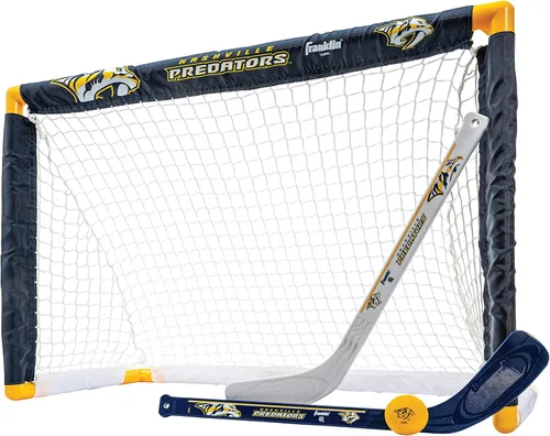 Vista 22 de Franklin Sports NHL - Juego de mini hockey para niños, portería de hockey sobre rodilla, pelota + 2 palos, juego de juguetes para interiores