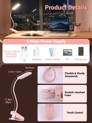 Vista 8 de Lámpara de escritorio rosa linda luz de lectura, 45 modos de luz regulable con clip con batería de 4000 mAh, lámpara de escritorio recargable de 450