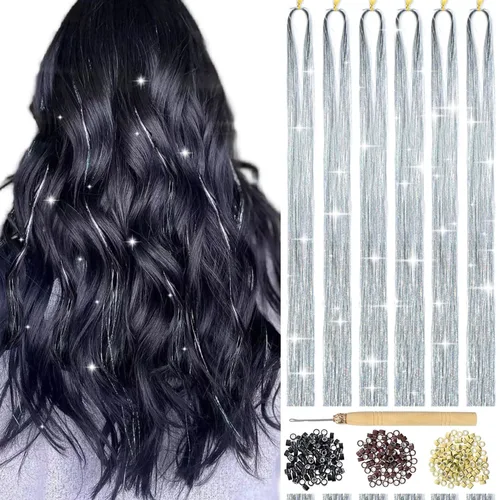 Vista 13 de Kit de Oropel para Cabello con Herramientas Extensiones de Cabello de Oropel Negro 6 Piezas 1200 Hebras Kit de Oropel para Cabello de Hadas
